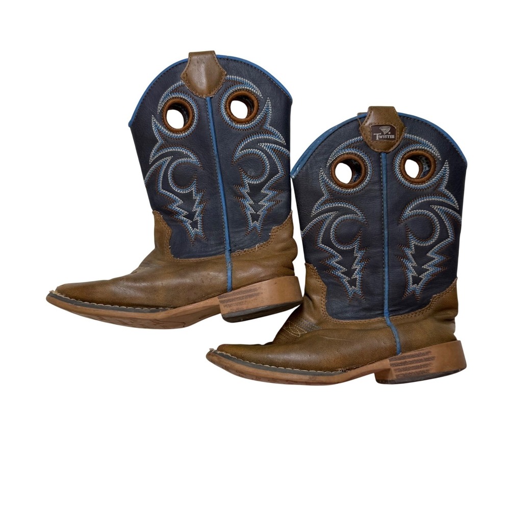 Twister Kids‎ Brown Navy Blue Western Cowboy Boots Size 12 Pull Holes Stitching